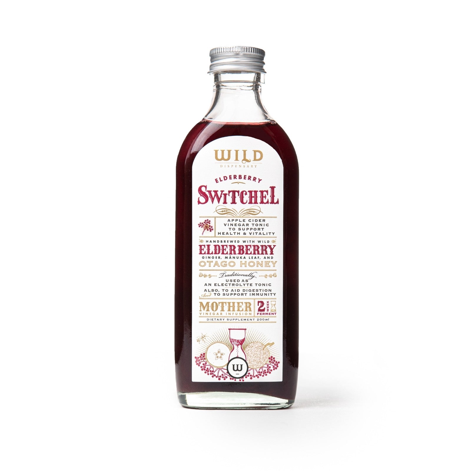 Bottle of Switchel with a white label on a white background.