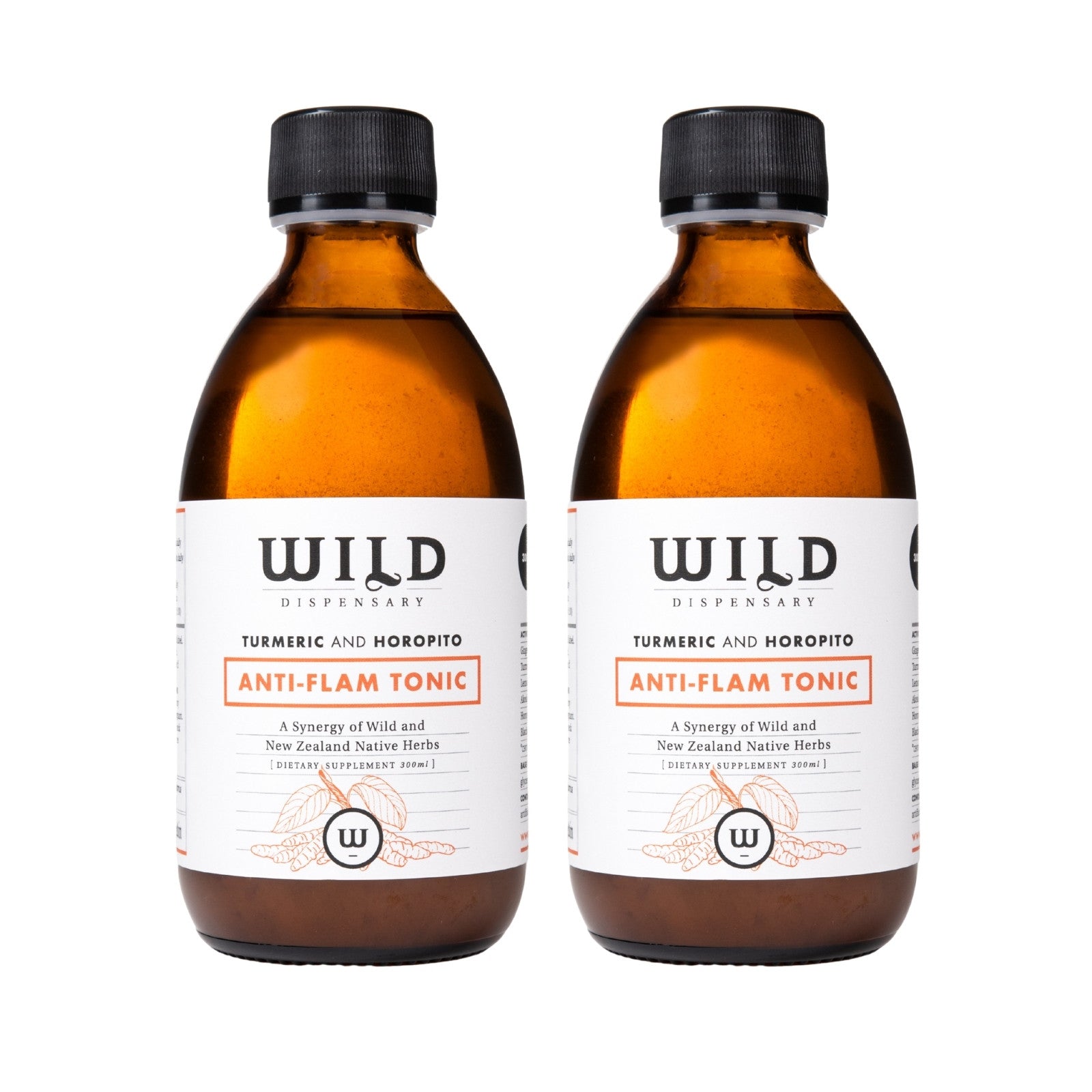 Two amber glass bottles of Anti-Flam Tonic with black caps and white labels, shown side by side on a white background.