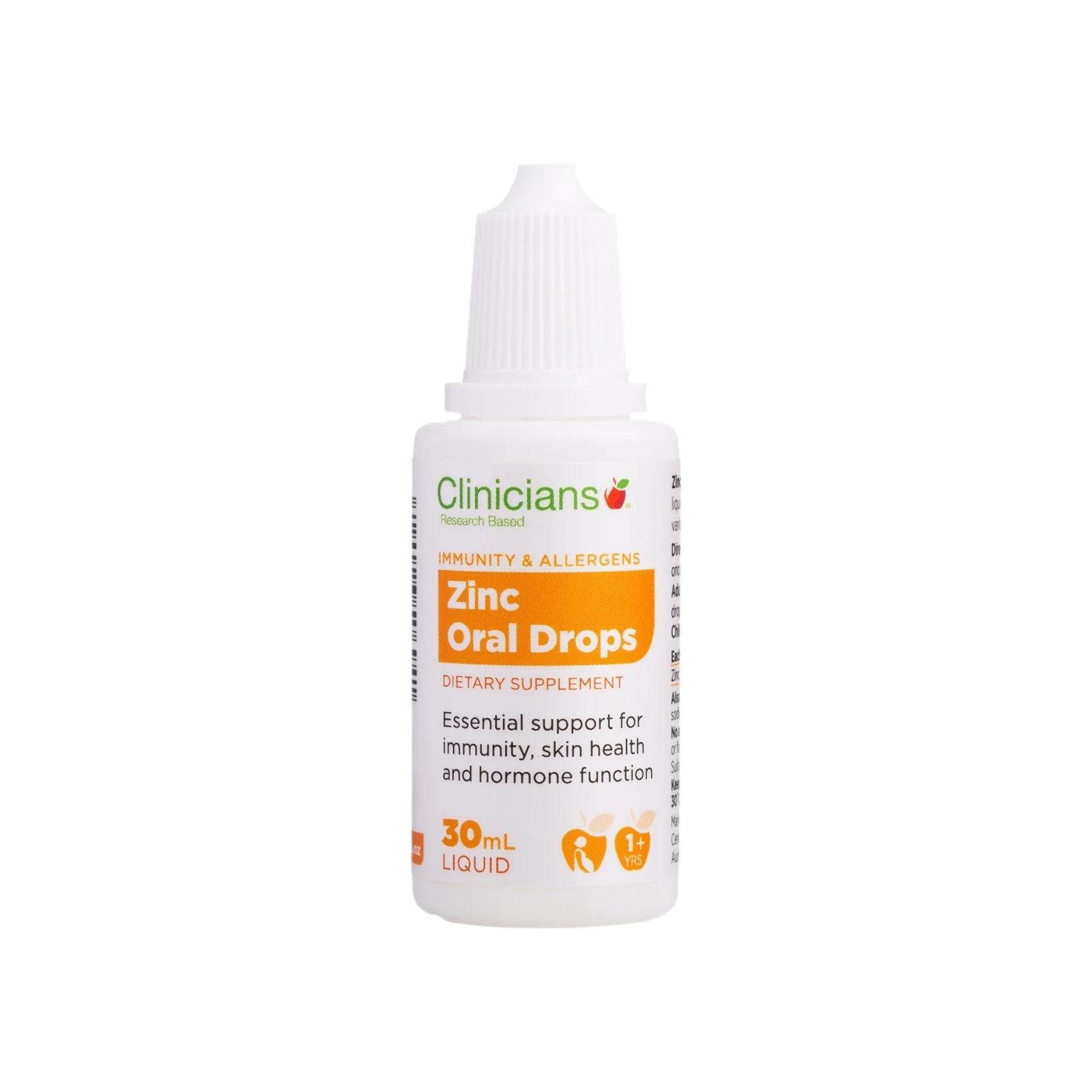 Clinicians Zinc Oral Drops dietary supplement in a white plastic bottle with a white dropper cap, featuring green and orange text on a white background.