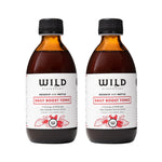 Two amber glass 300ml bottles of Daily Boost Tonic with black caps and white labels, shown side by side on a white background.