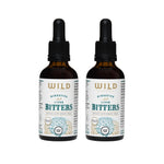 Two amber glass dropper bottles of Digestive and Liver Bitters side by side on a white background.
