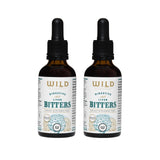 Two amber glass dropper bottles of Digestive and Liver Bitters side by side on a white background.