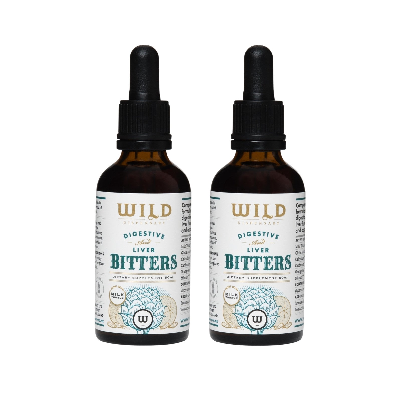 Two amber glass dropper bottles of Digestive and Liver Bitters side by side on a white background.
