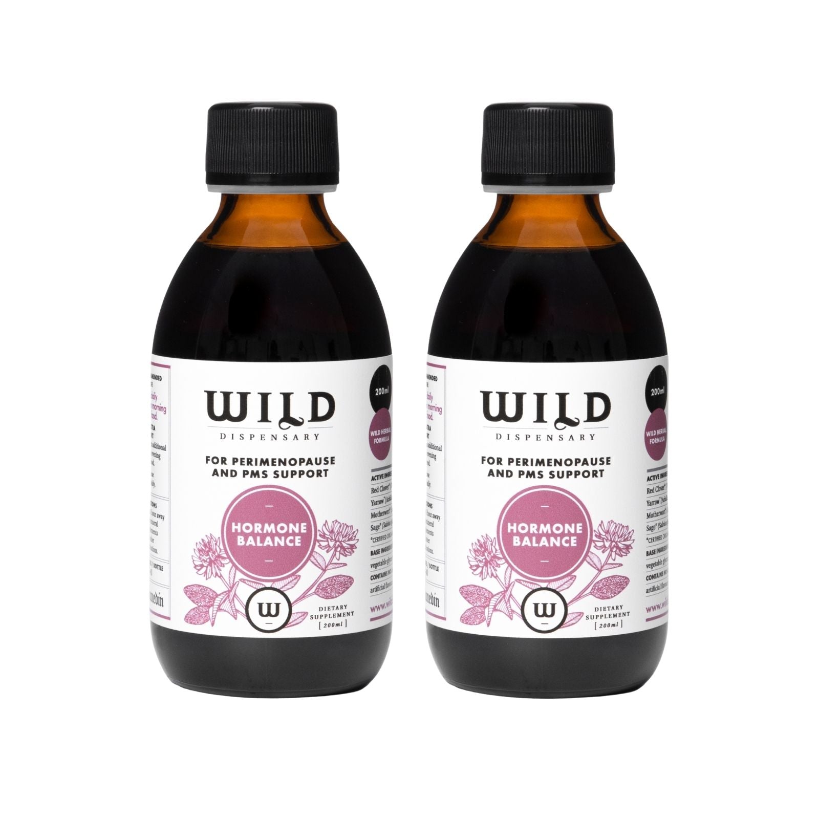 Two amber glass bottles Hormone Balance black caps and white labels featuring pink floral graphics, shown on a plain white background.