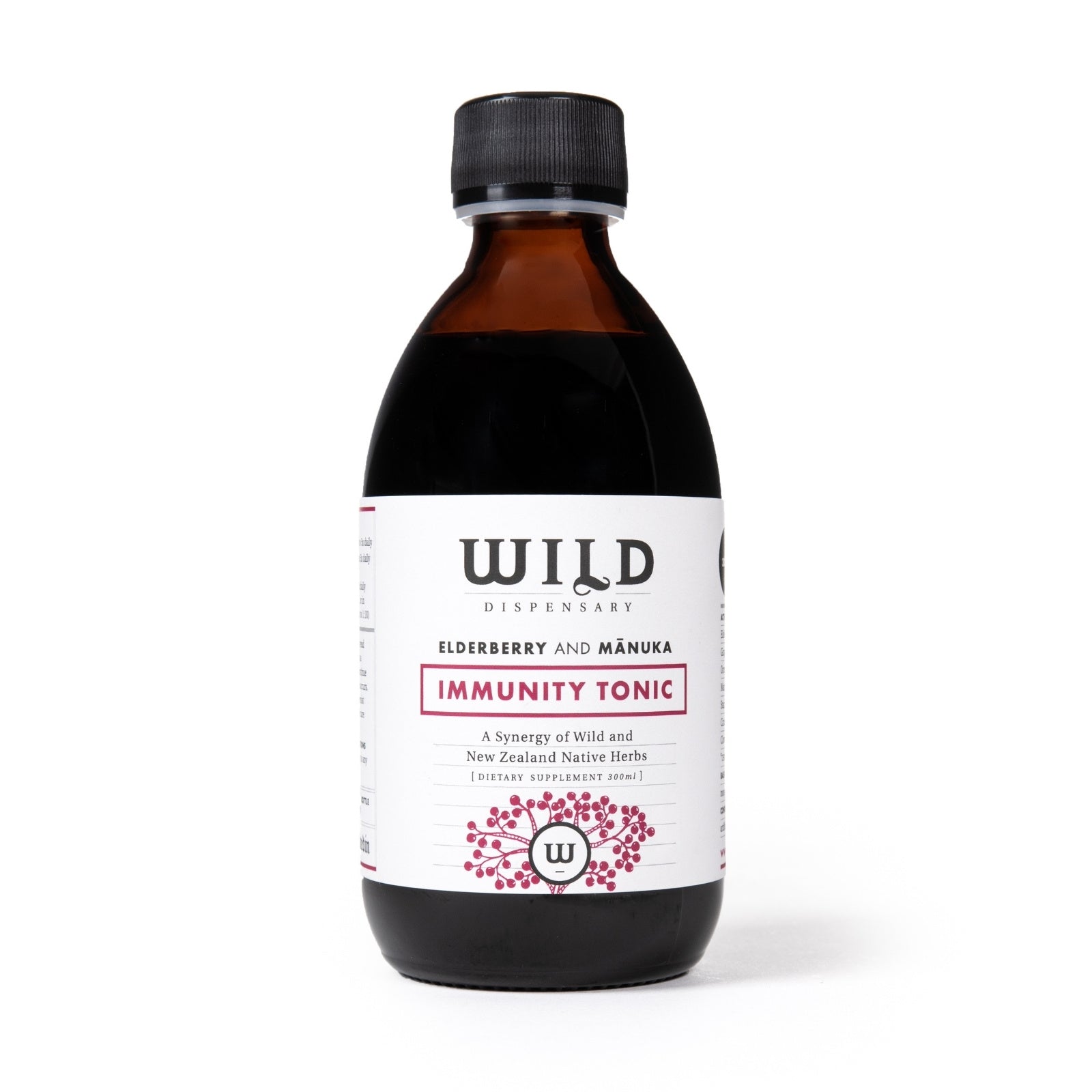 A bottle of elderberry and mânuka Immunity Tonic, featuring a dark amber glass bottle, black cap, and a white label with red and black text, set against a plain white background.