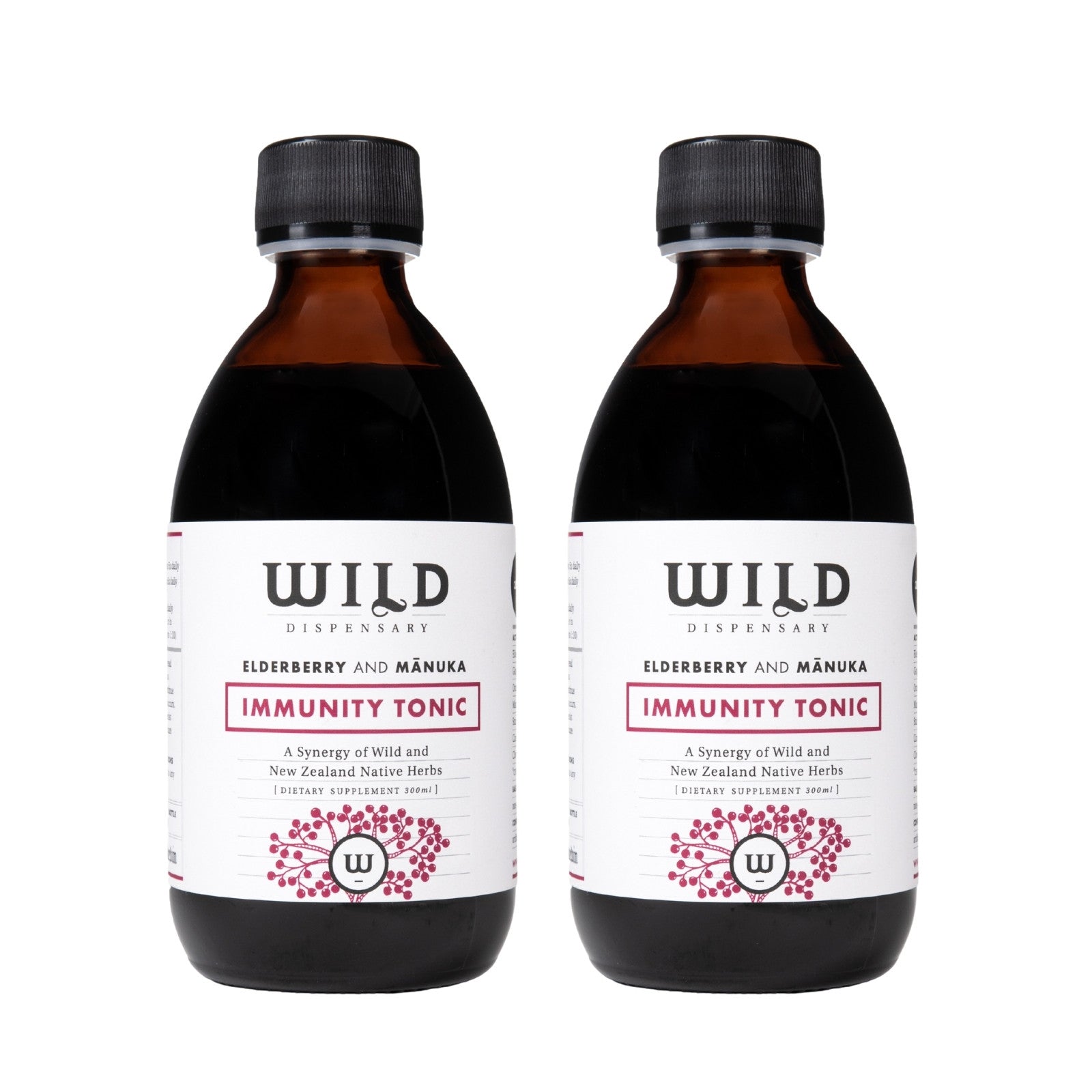 Two amber glass bottles of elderberry and mânuka Immunity Tonic with black caps and white labels, shown side by side on a white background.
