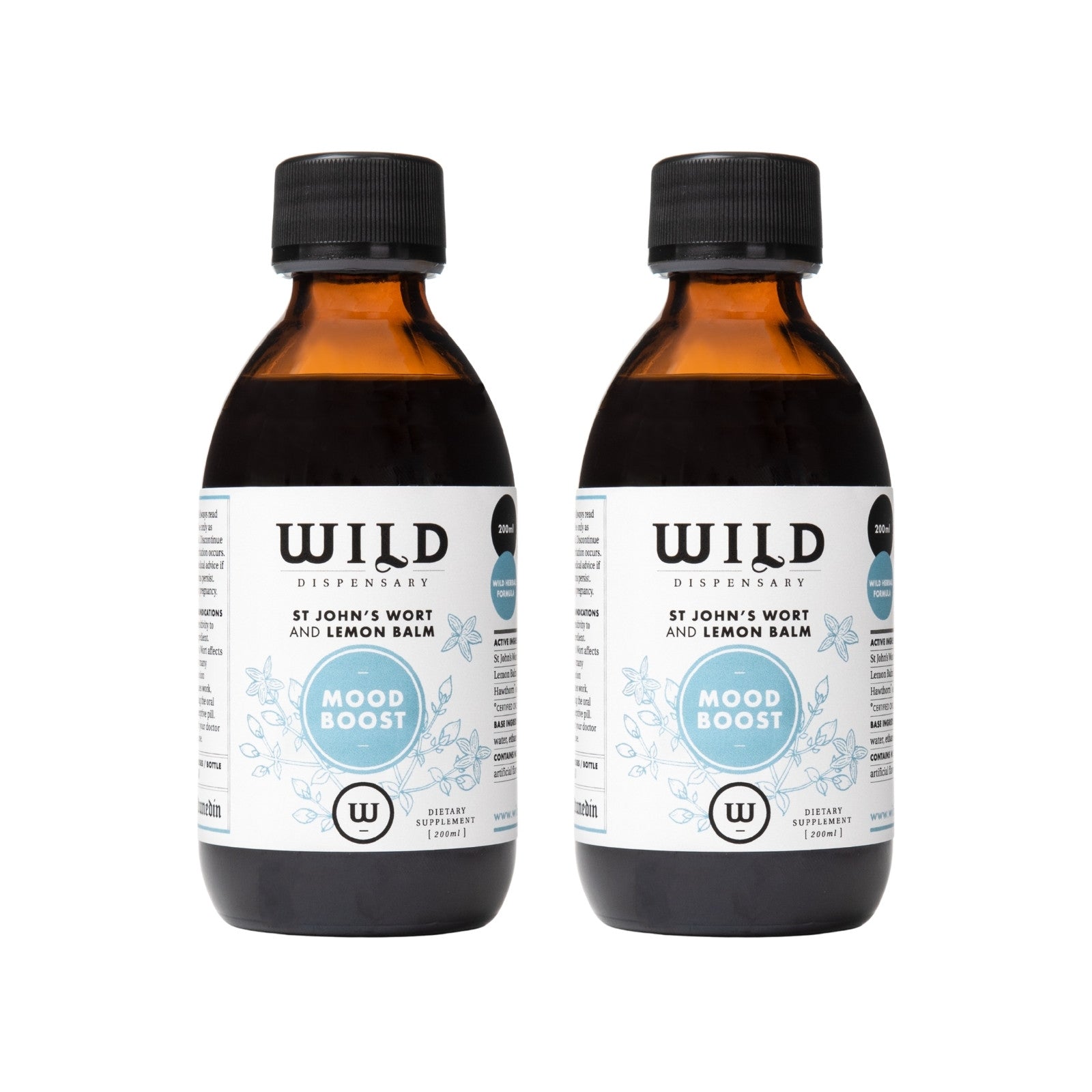 Two amber glass bottles of Mood Boost shown side-by-side on a white background.