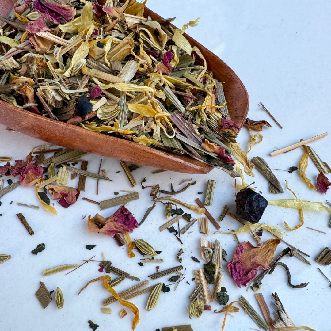 Loose leaf detox tea with calendula petals and lemongrass.