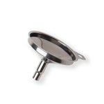 A metal funnel with a small handle and spout, against a white background.