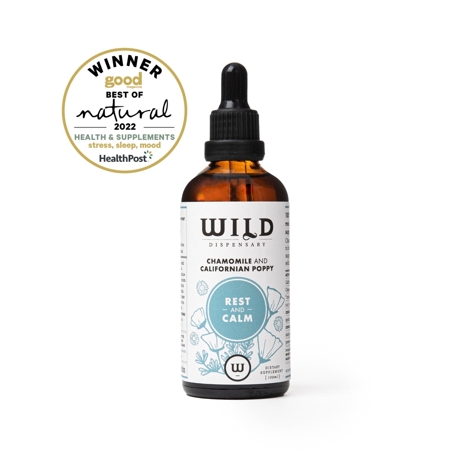Rest and Calm bottle with a dropper cap, shown on a white background with a HealthPost 'Winner Good of Natural 2022' badge.