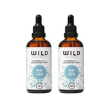 Two amber glass dropper bottles of Rest and Calm on a white background.