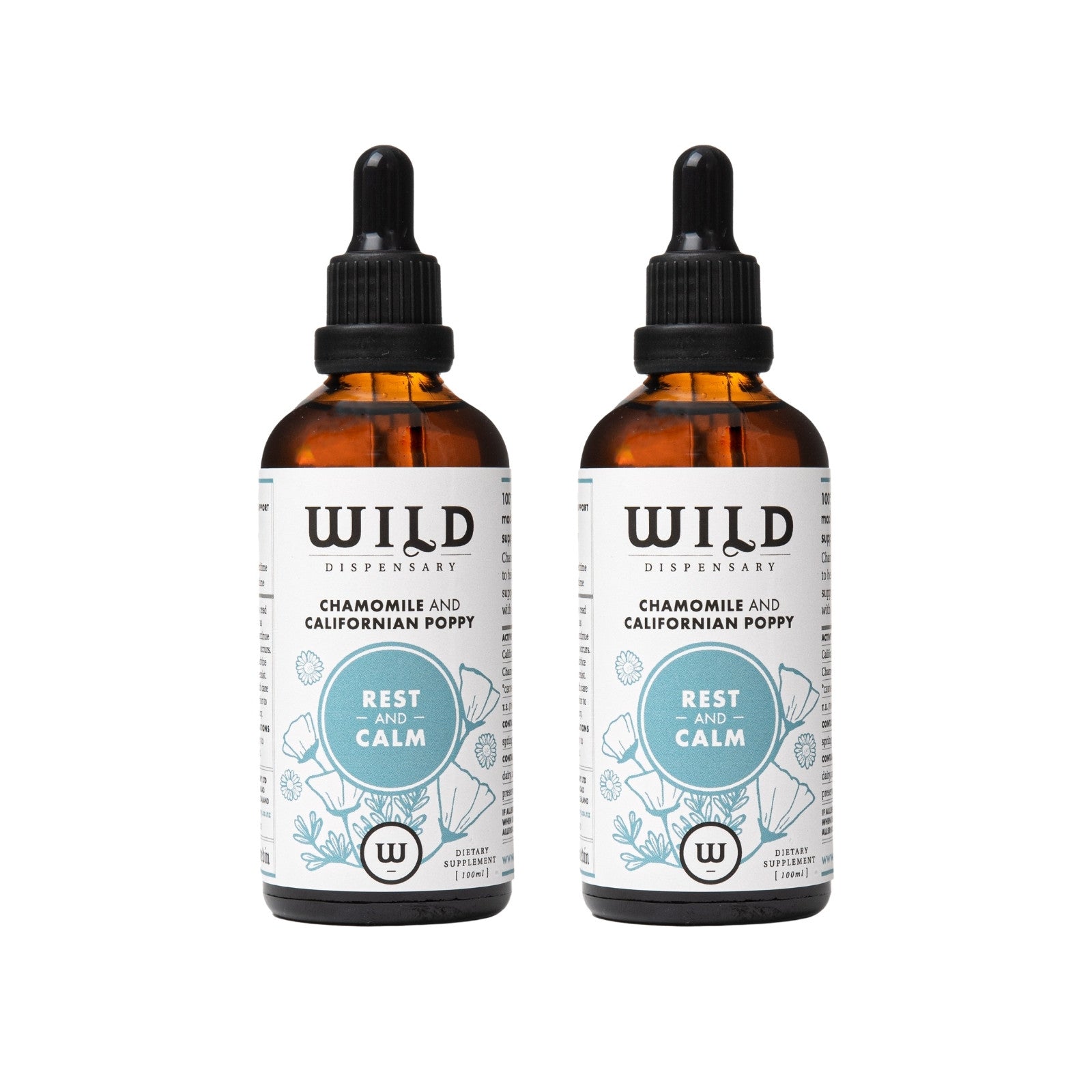 Two amber glass dropper bottles of Rest and Calm on a white background.