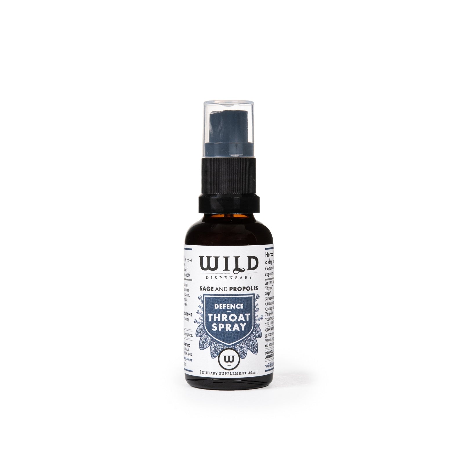 A small amber glass spray bottle with a black pump and clear cap, labelled Throat Spray, on a white background.