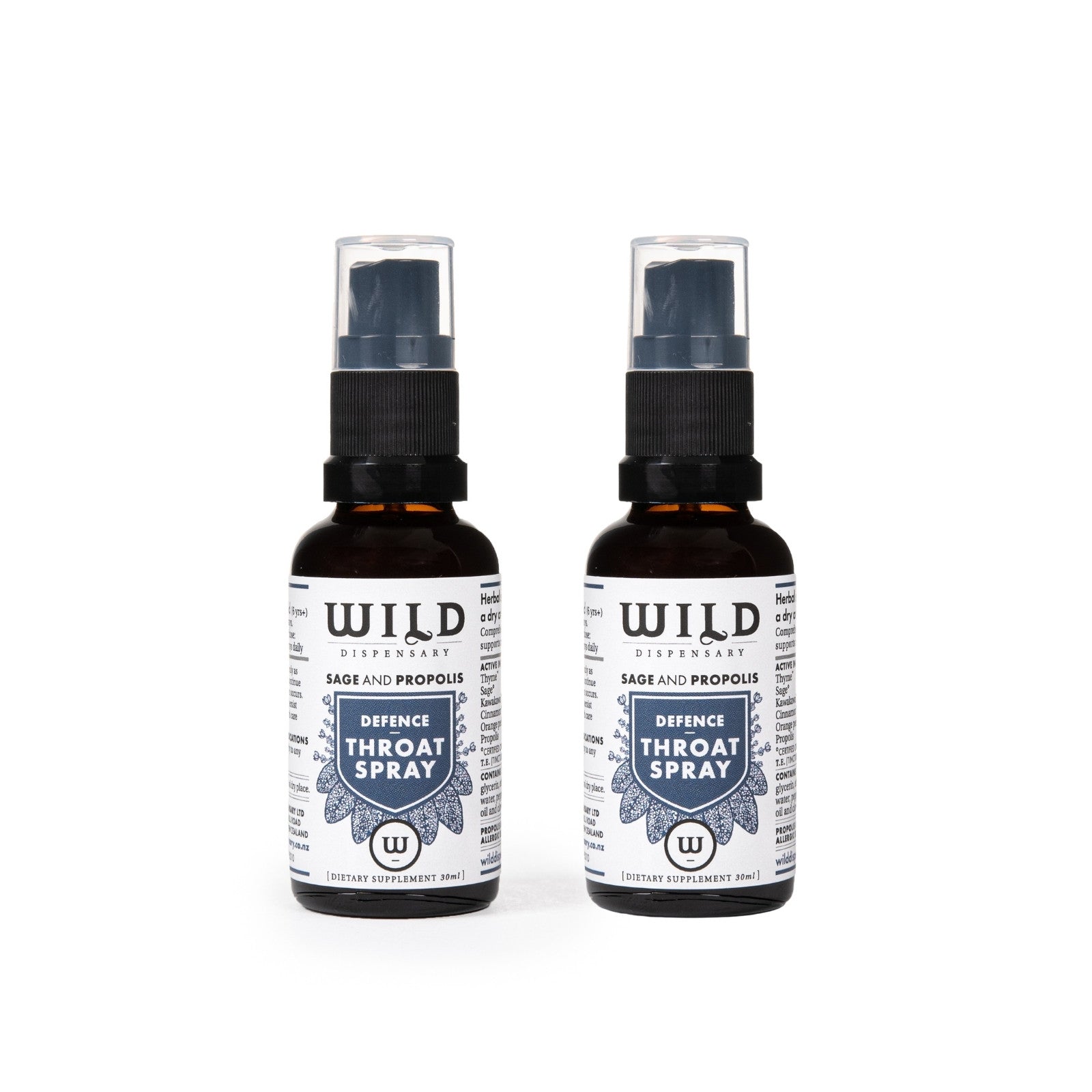 Two amber spray bottles of Throat Spray with white labels and blue accents, shown side-by-side on a white background.