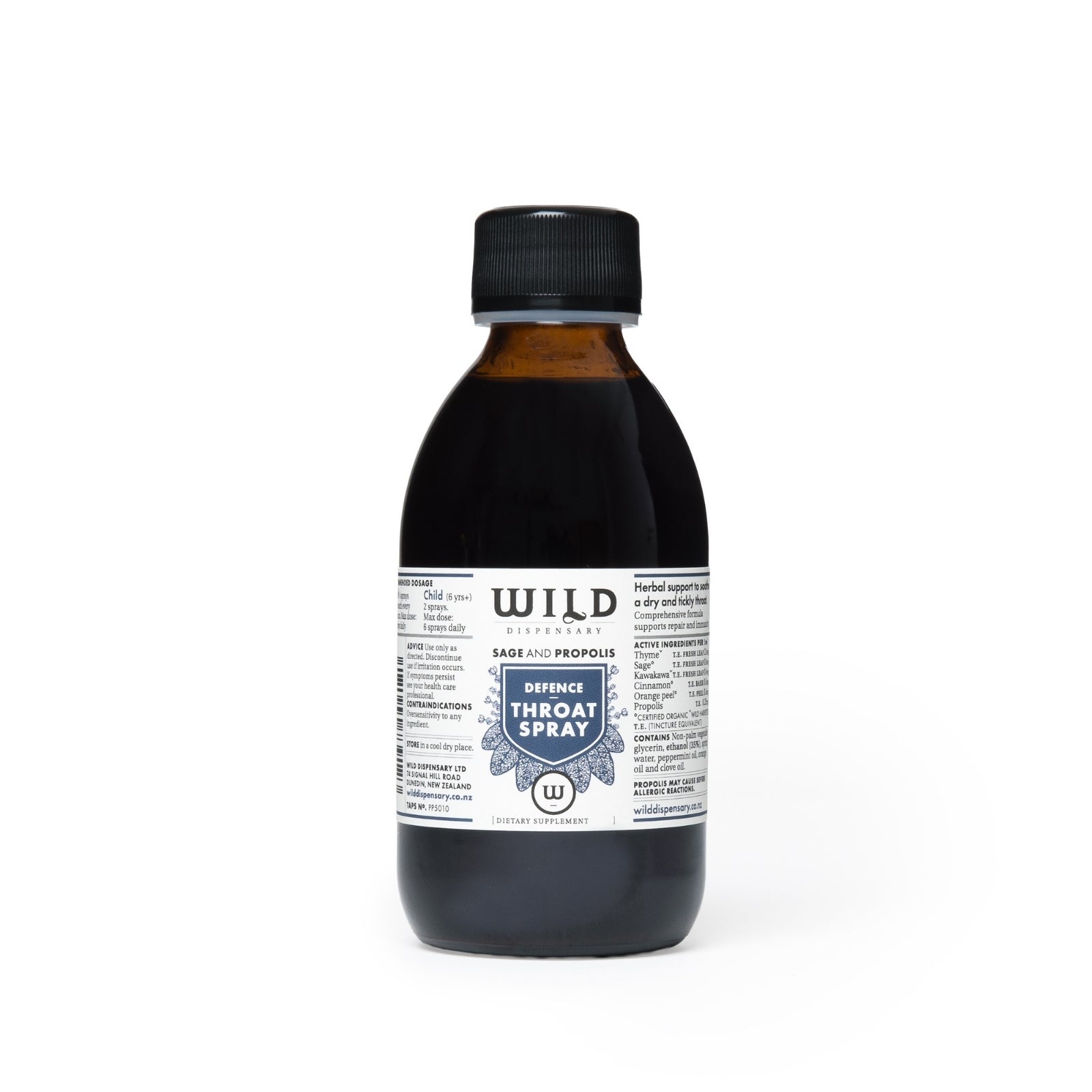 A 200ml bulk bottle of Throat Spray on a clean white background. The product is in an amber glass bottle with a black cap and a white label featuring blue and black text.