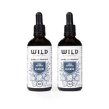 Two amber glass dropper bottles of Vira Defence Elixir with black droppers and white labels, shown side by side on a white background.
