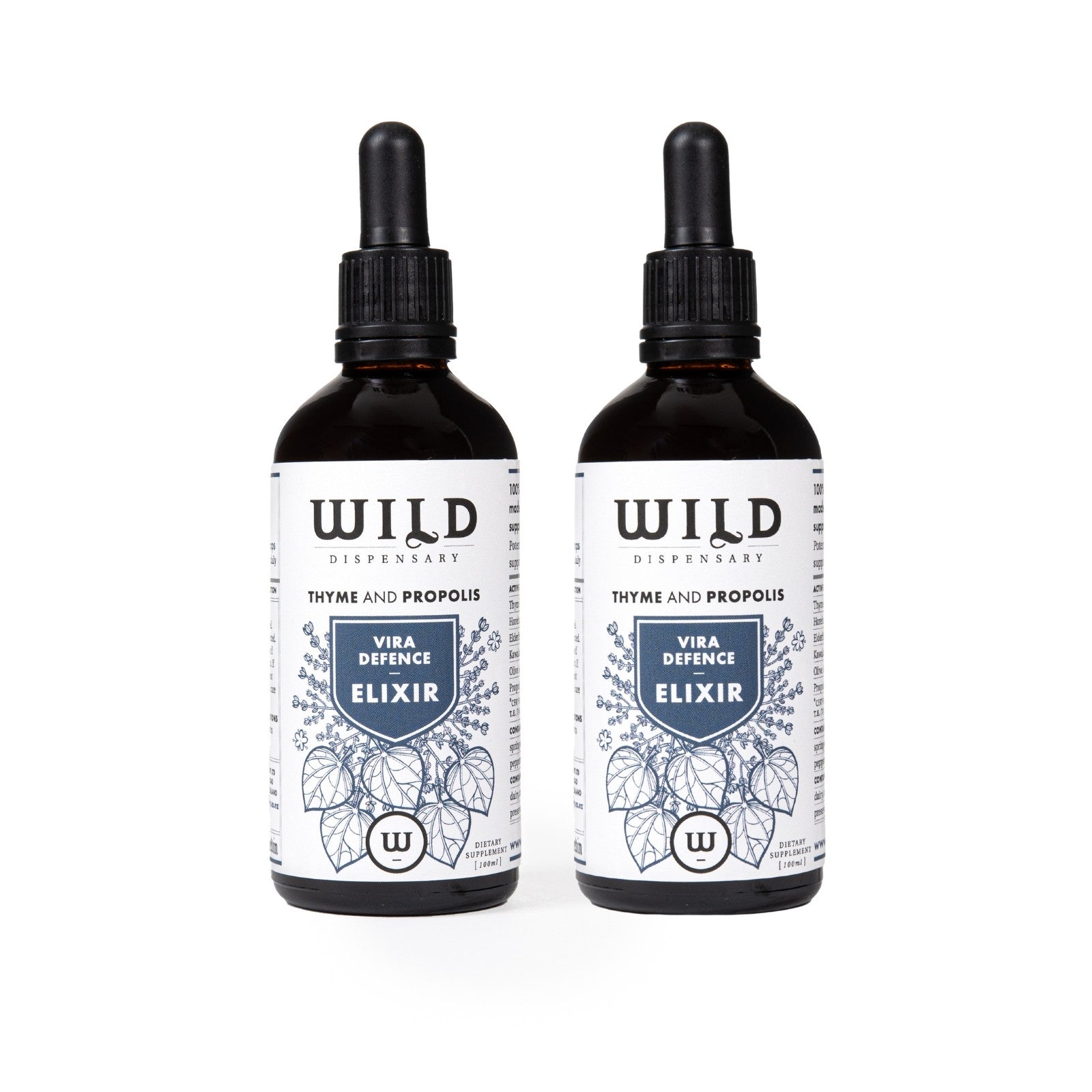Two amber glass dropper bottles of Vira Defence Elixir with black droppers and white labels, shown side by side on a white background.