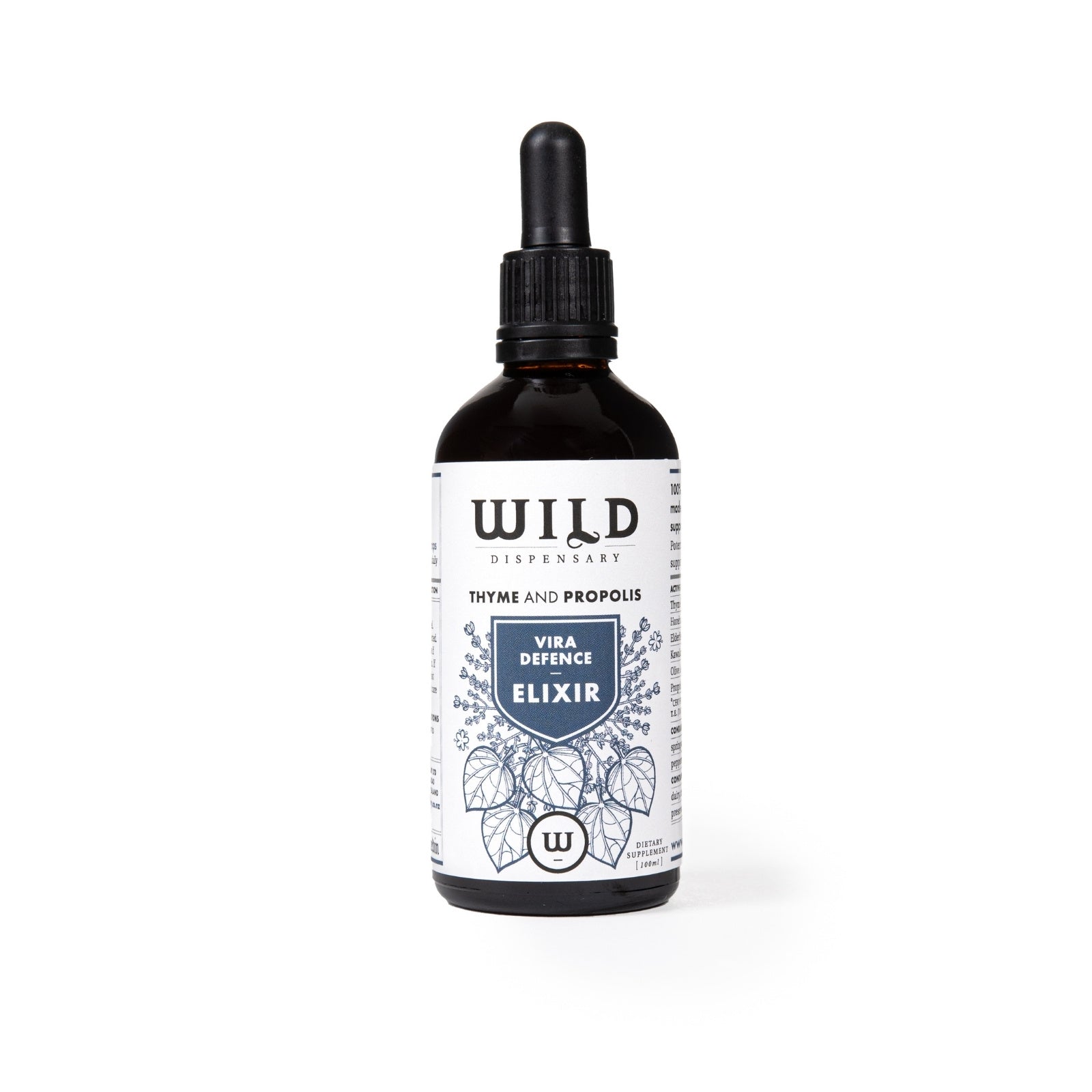 A dark amber glass of Vira Defence Elixir on a clean white background.